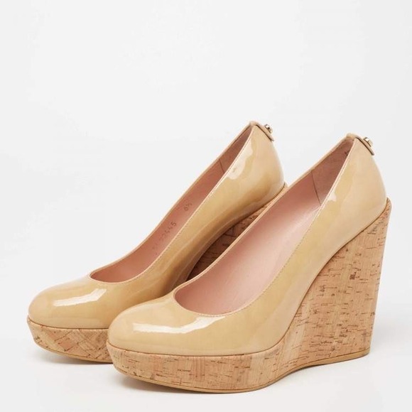 Stuart‎ Weitzman Beige Patent Leather Cork Platform Wedge Pumps Size 9 - Picture 3 of 10